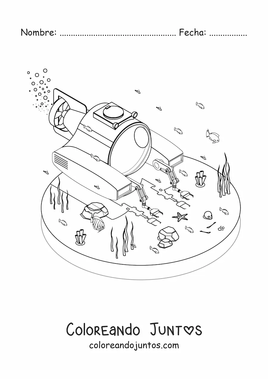Imagen para colorear de un submarino científico en el fondo del mar junto a algas y peces