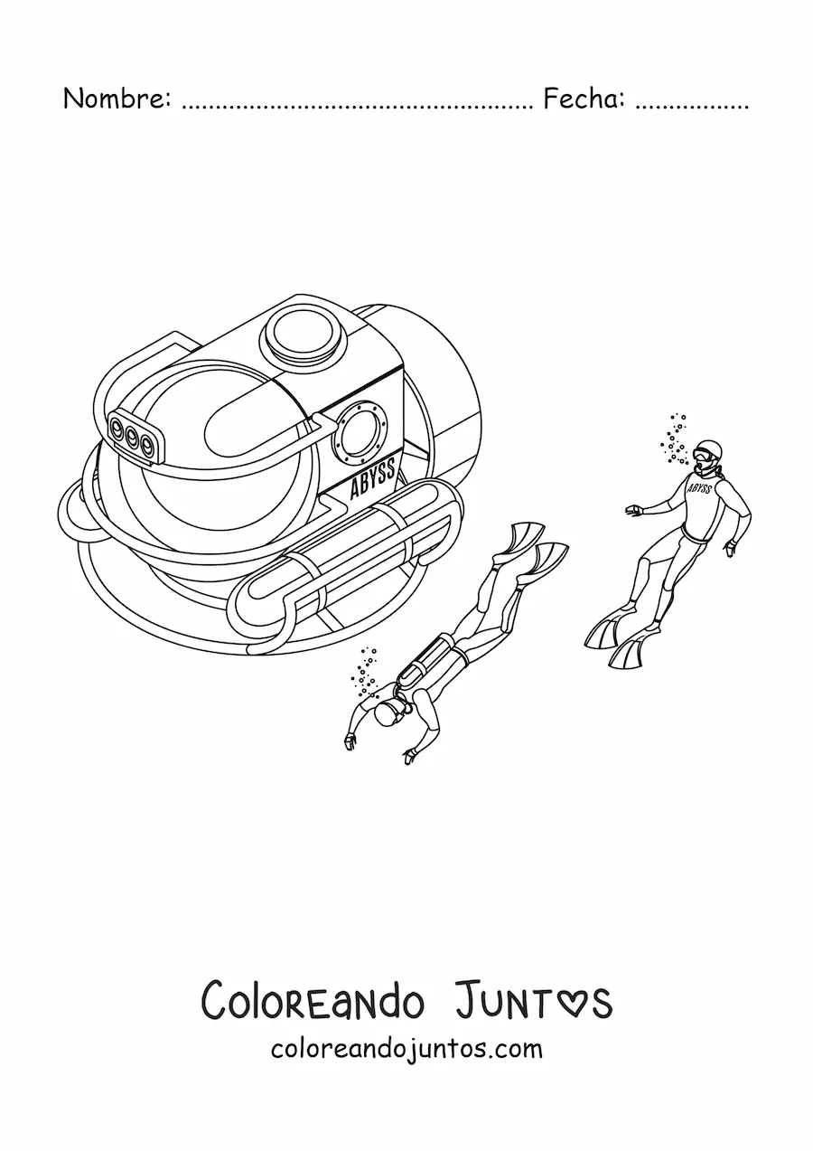 Imagen para colorear de dos buzos junto a un submarino