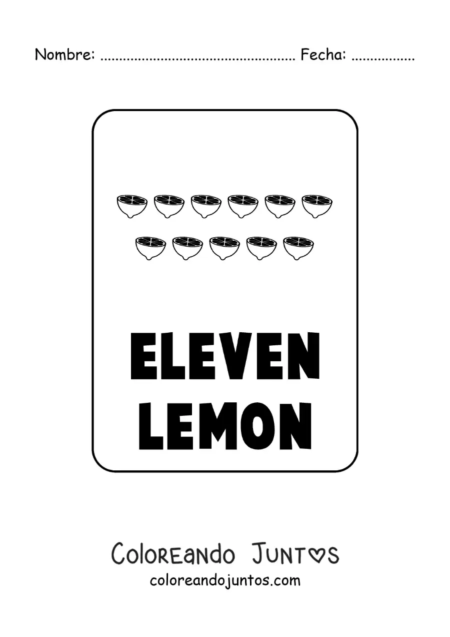 Imagen para colorear del número 11 en inglés con frutas