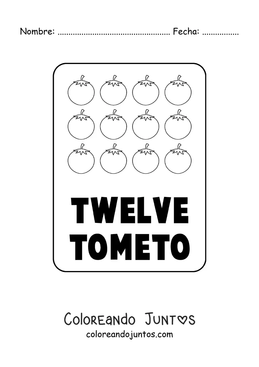 Imagen para colorear del número 12 en inglés con frutas
