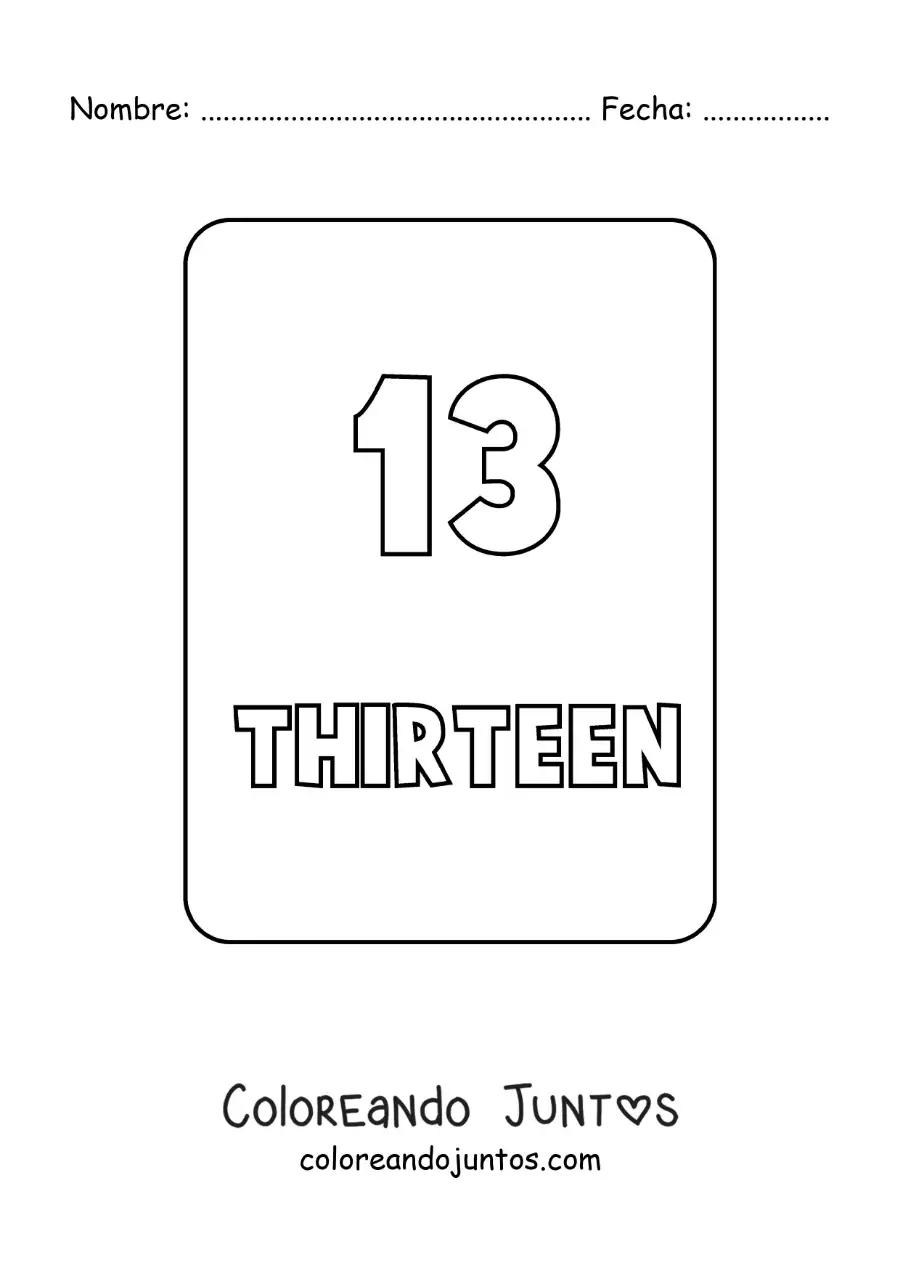 Imagen para colorear del número 13 en inglés