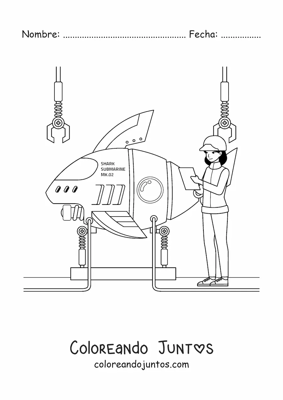 Imagen para colorear de una ingeniero naval construyendo un submarino