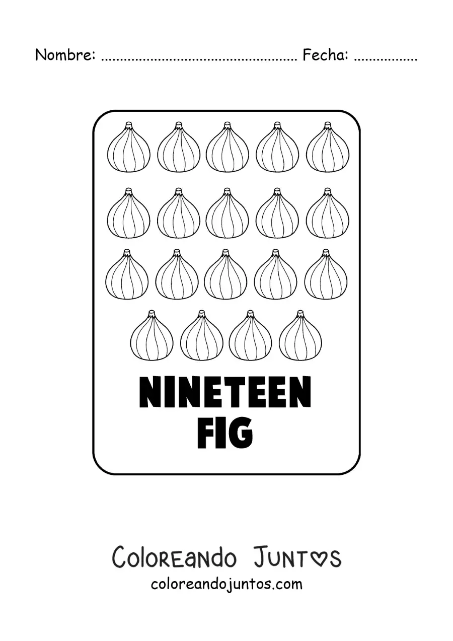 Imagen para colorear del número 19 en inglés con frutas