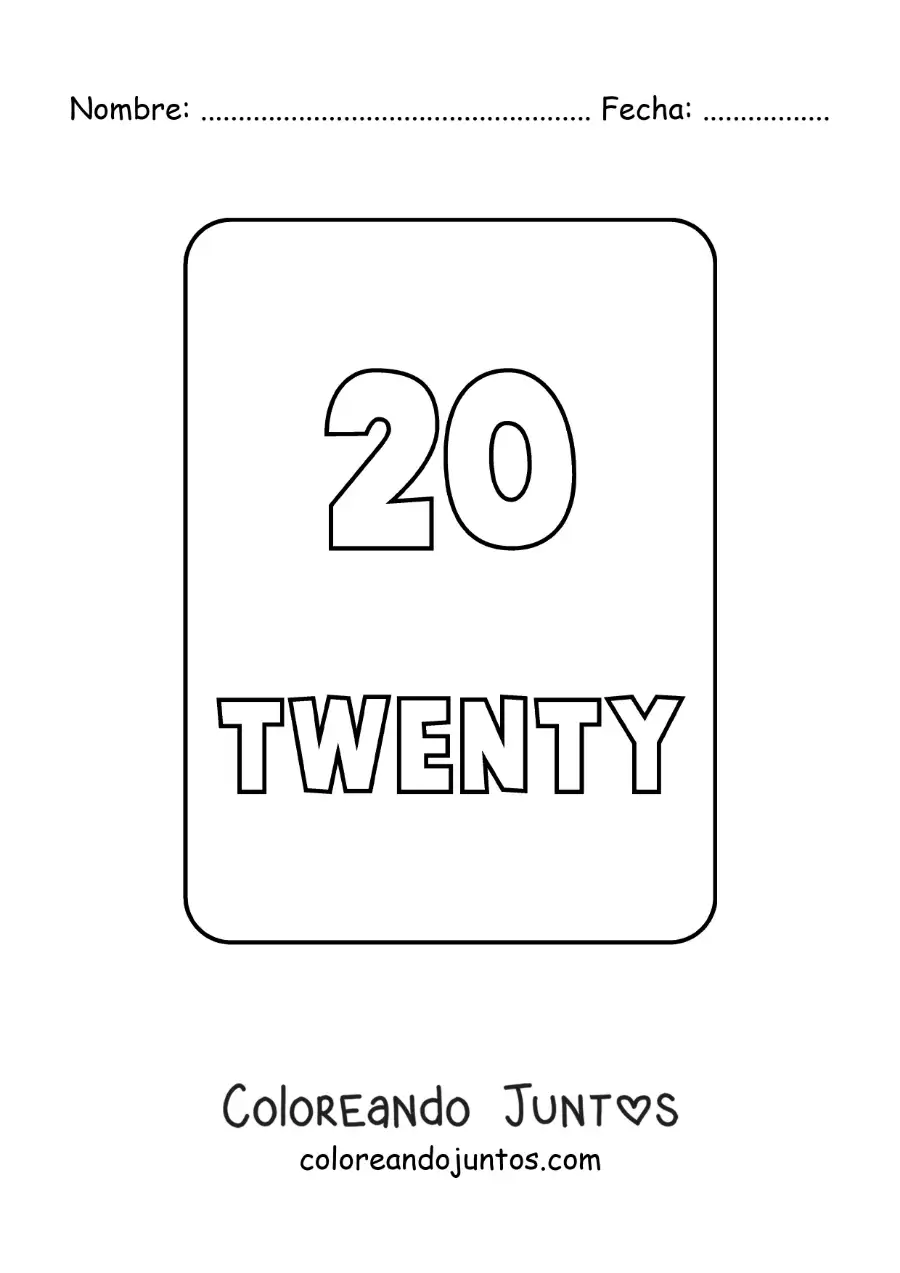 Imagen para colorear del número 20 en inglés