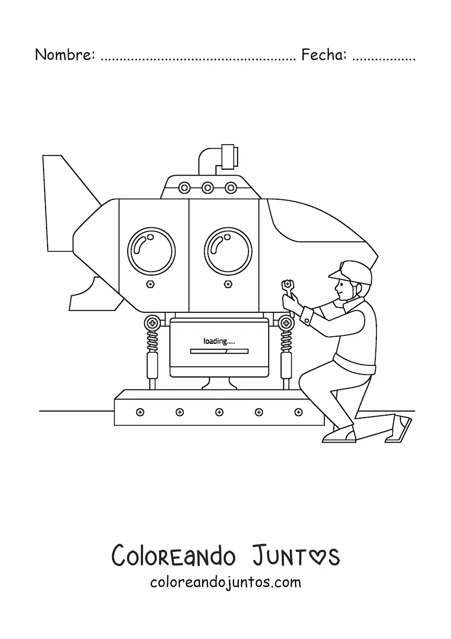 Imagen para colorear de un ingeniero naval reparando un submarino