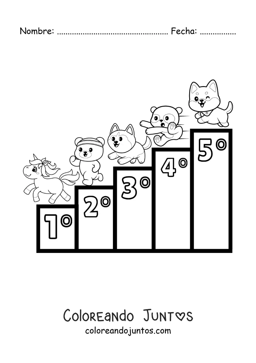 Imagen para colorear de los números ordinales del 1 al 5 para niños con dibujos animados