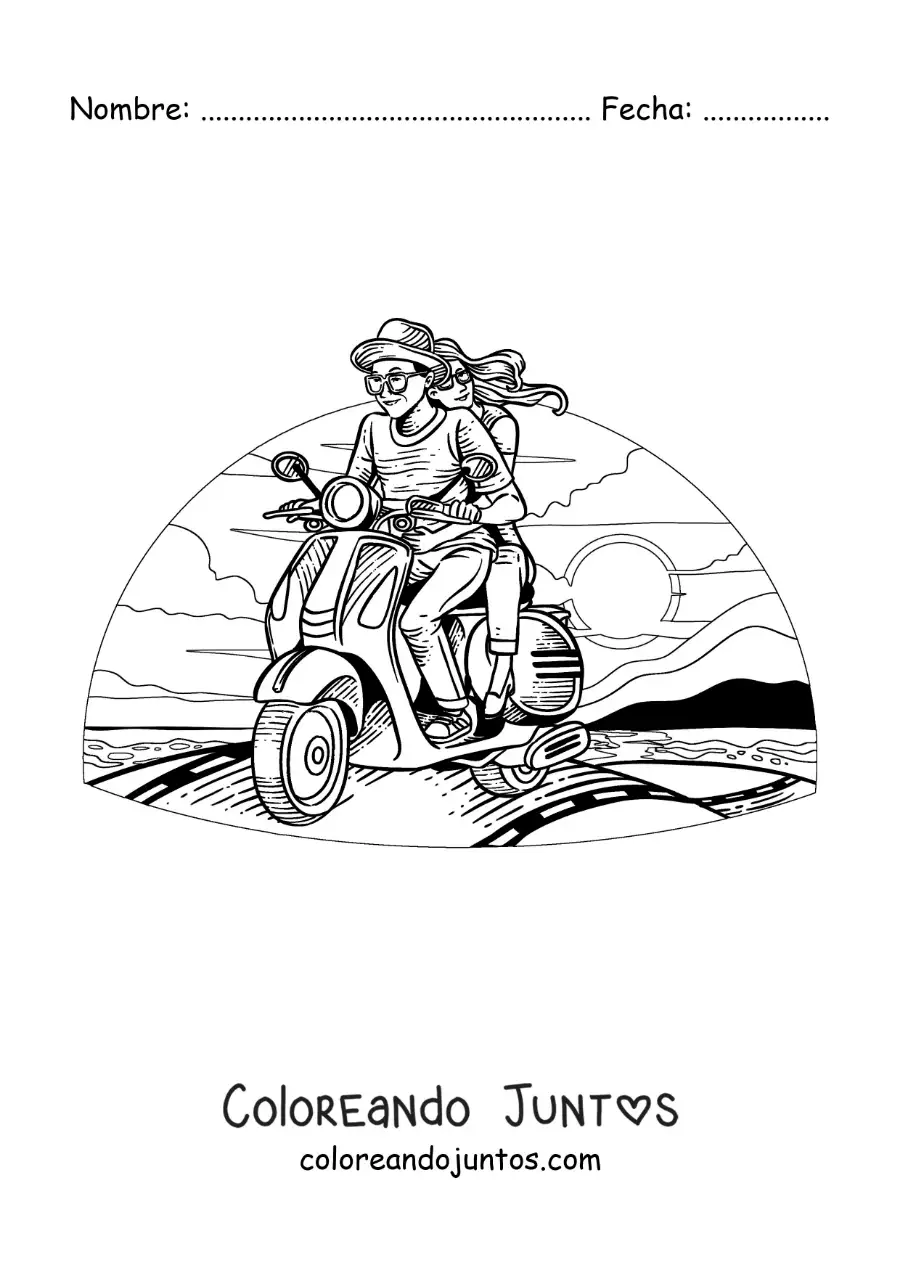 Imagen para colorear de pareja de novios en una motocicleta