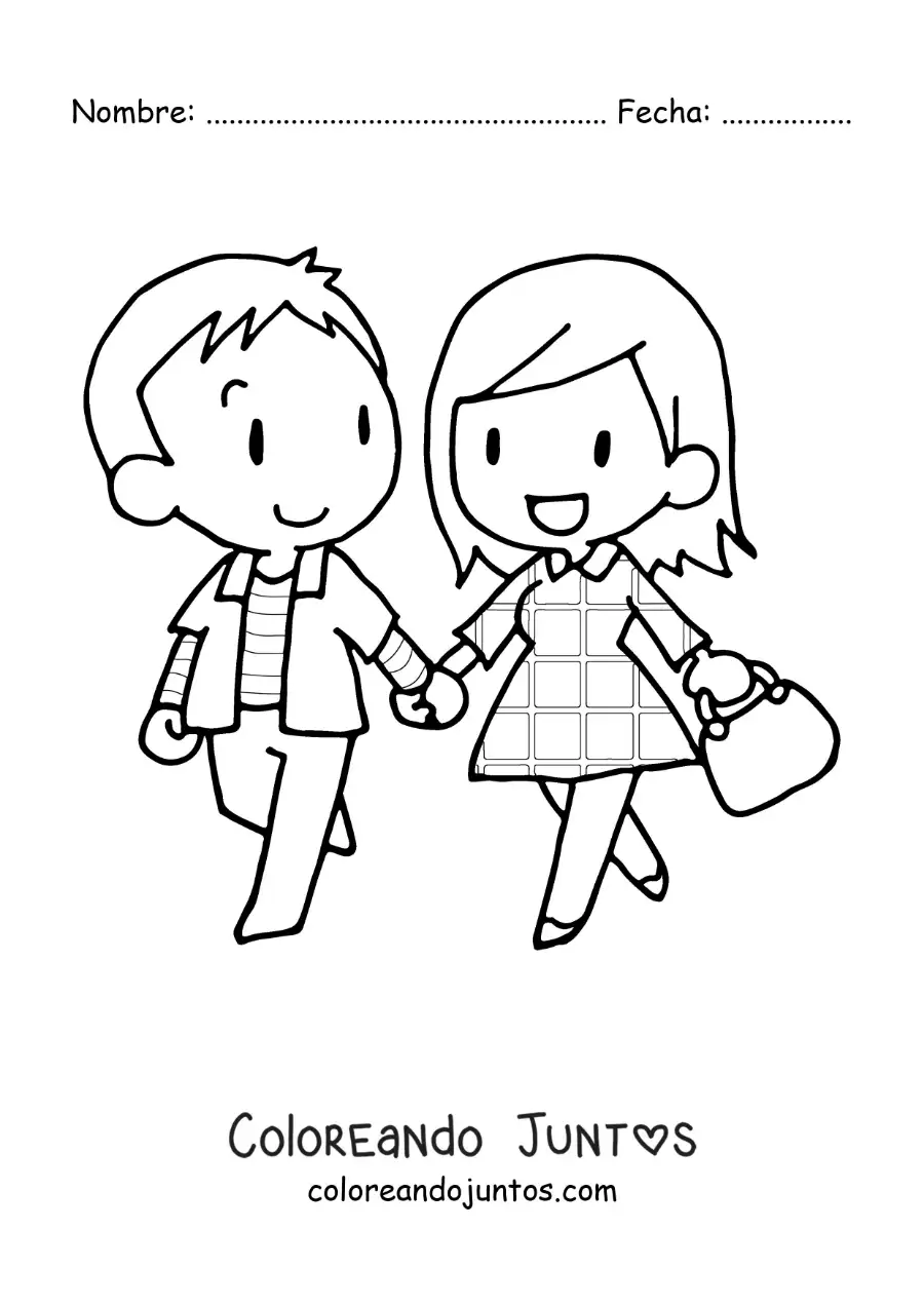 Imagen para colorear de pareja de novios caminando tomados de la mano