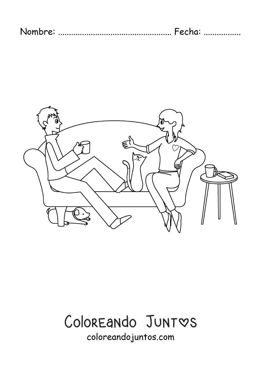 Imagen para colorear de pareja de novios en casa con mascotas