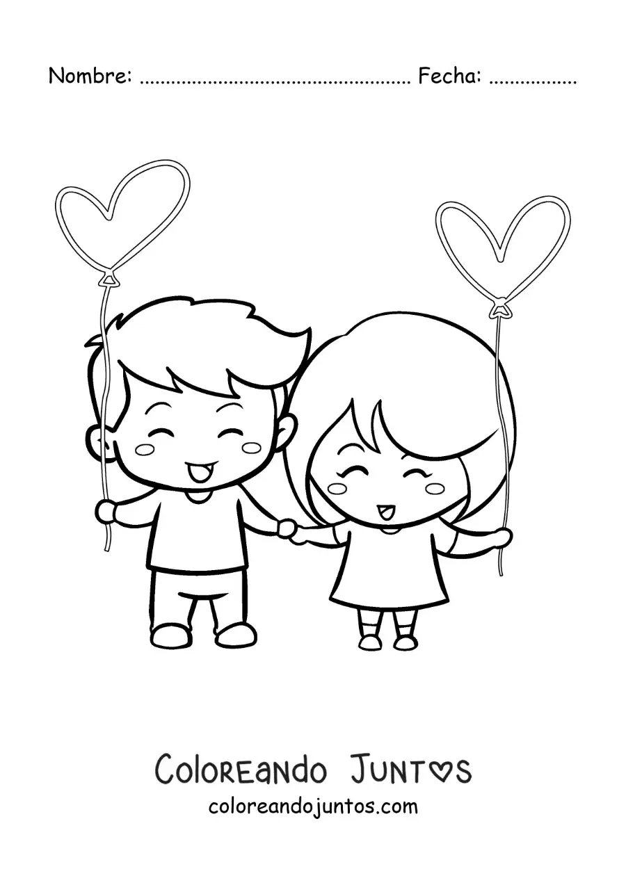 Imagen para colorear de pareja de novios tomados de la mano con corazones
