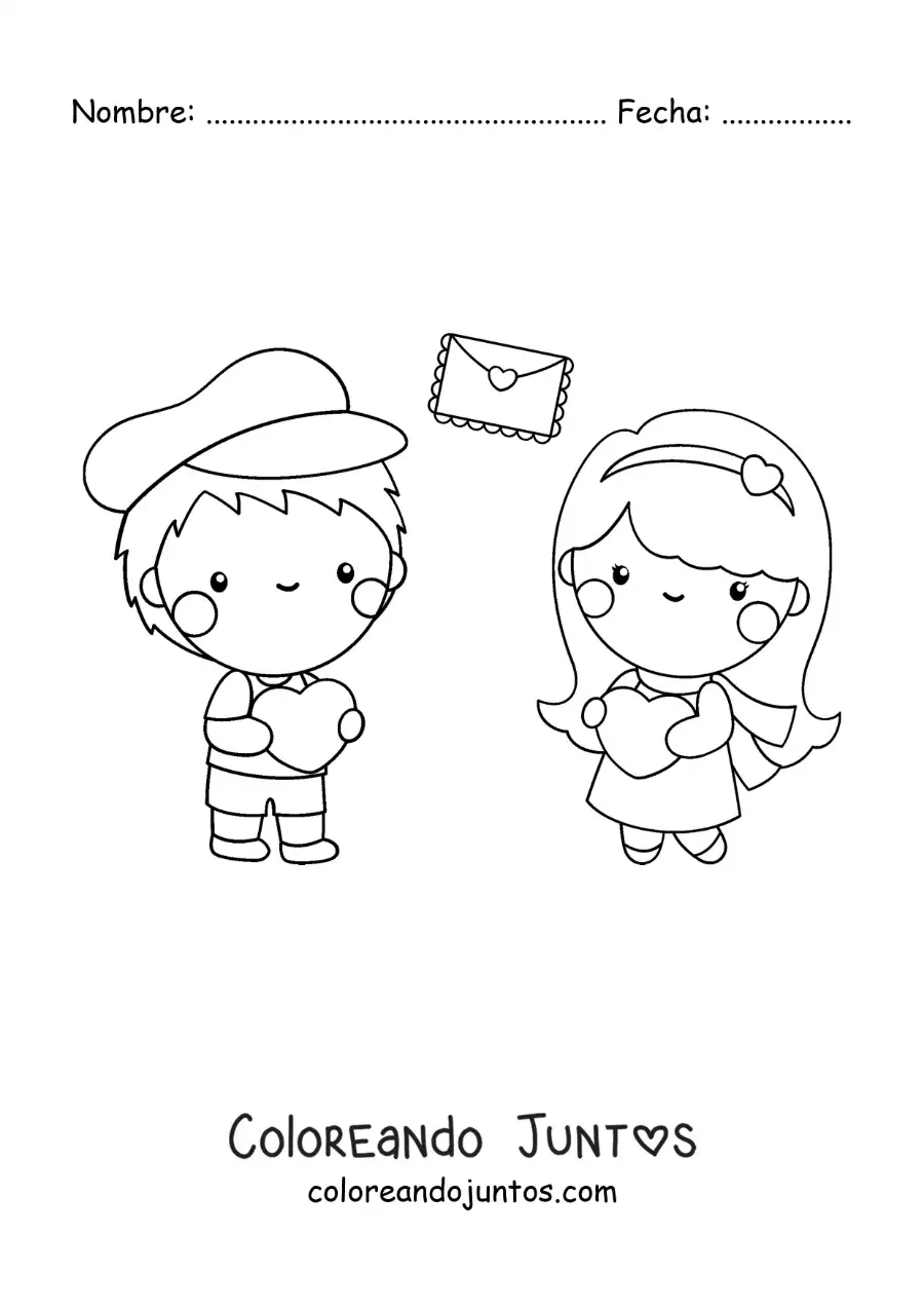 Imagen para colorear de pareja de enamorados con cartas de amor