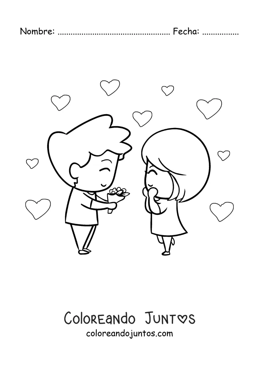 Imagen para colorear de chico regalándole un ramo de flores a su enamorada