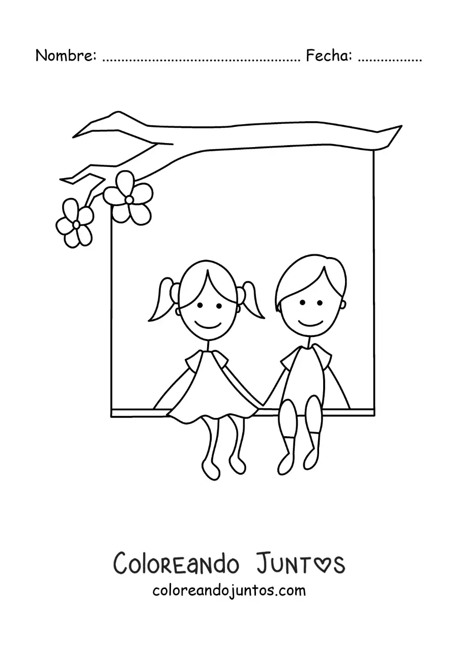 Imagen para colorear de pareja de enamorados sentados debajo de un árbol con corazones