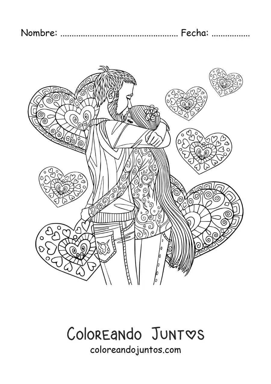 Imagen para colorear de pareja abrazándose con corazones