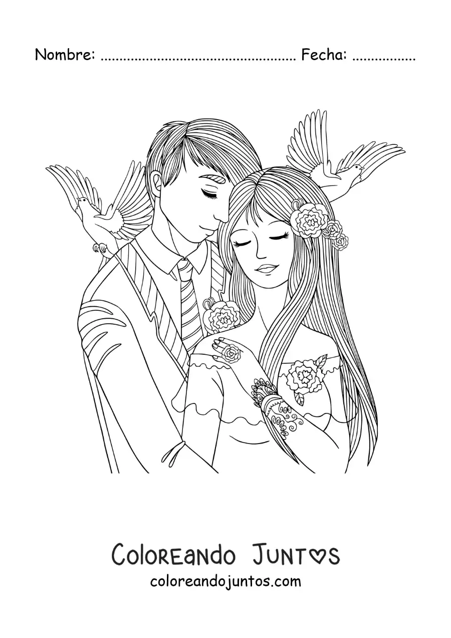 Imagen para colorear de pareja casándose con palomas en el fondo