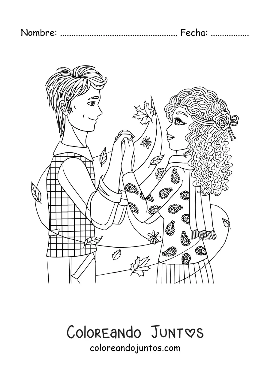 Imagen para colorear de escena romántica de una pareja agarrándose de las manos