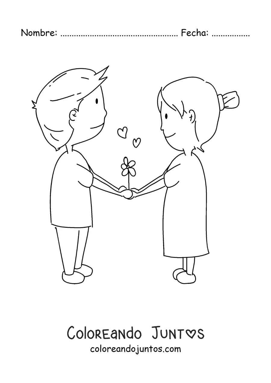 Imagen para colorear de tierna pareja tomada de las manos con corazones