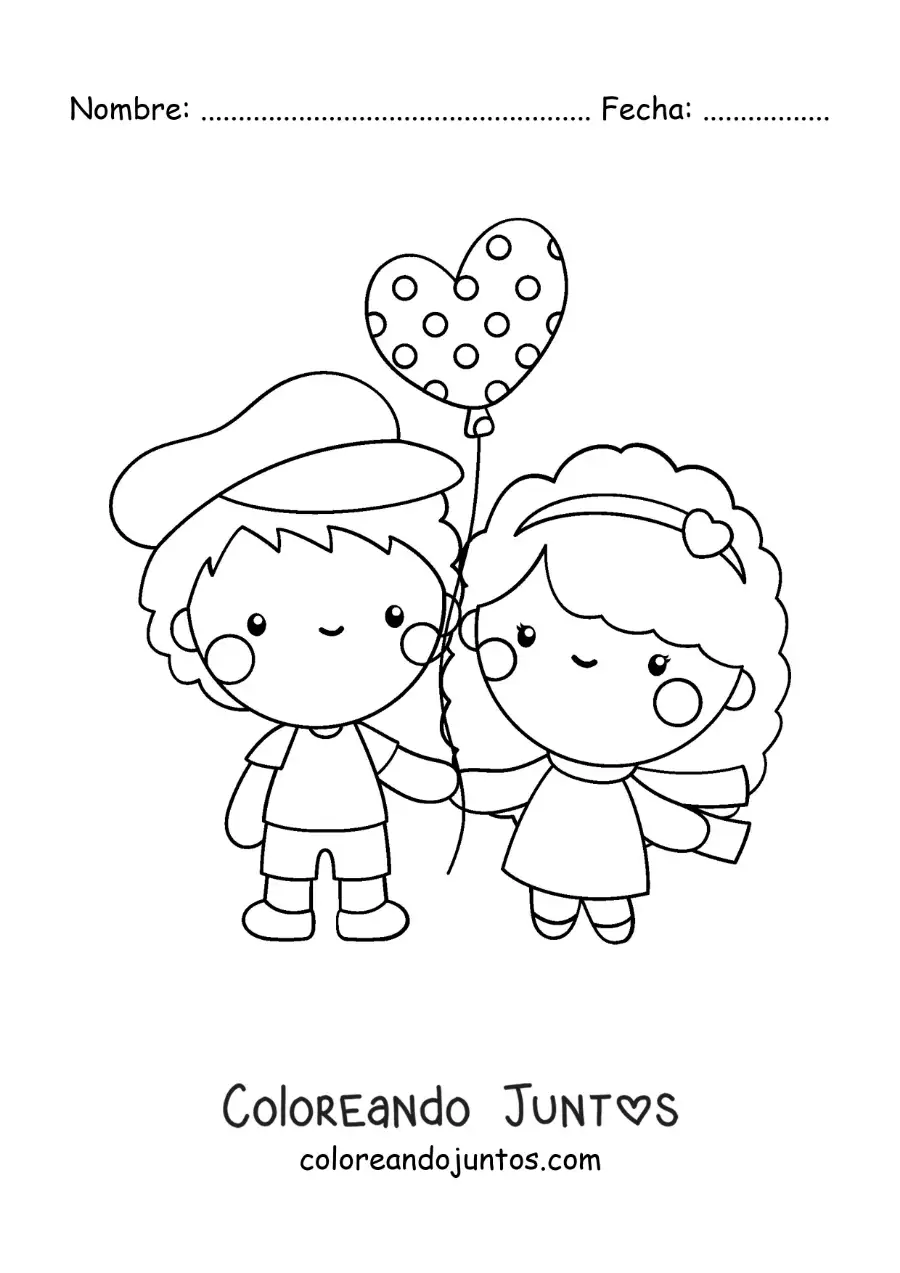 Imagen para colorear de pareja de enamorados con globo de corazón