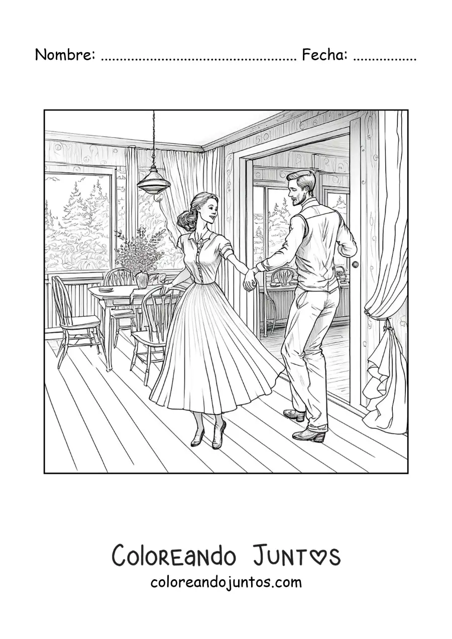 Imagen para colorear de pareja vintage bailando en casa