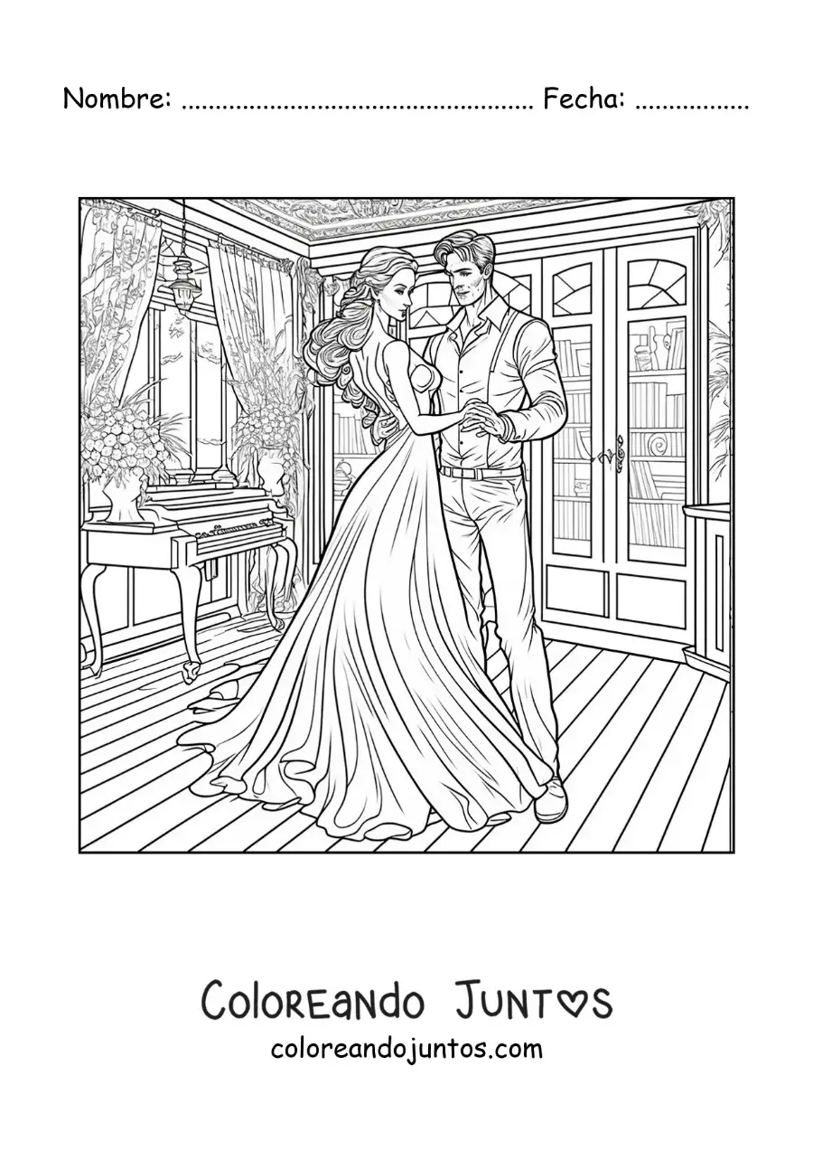 Imagen para colorear de pareja vintage elegante bailando el vals en una casa