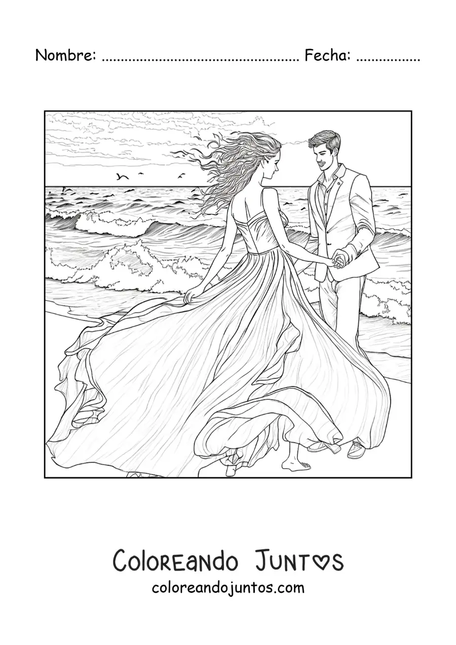Imagen para colorear de escena romántica de novios en la playa