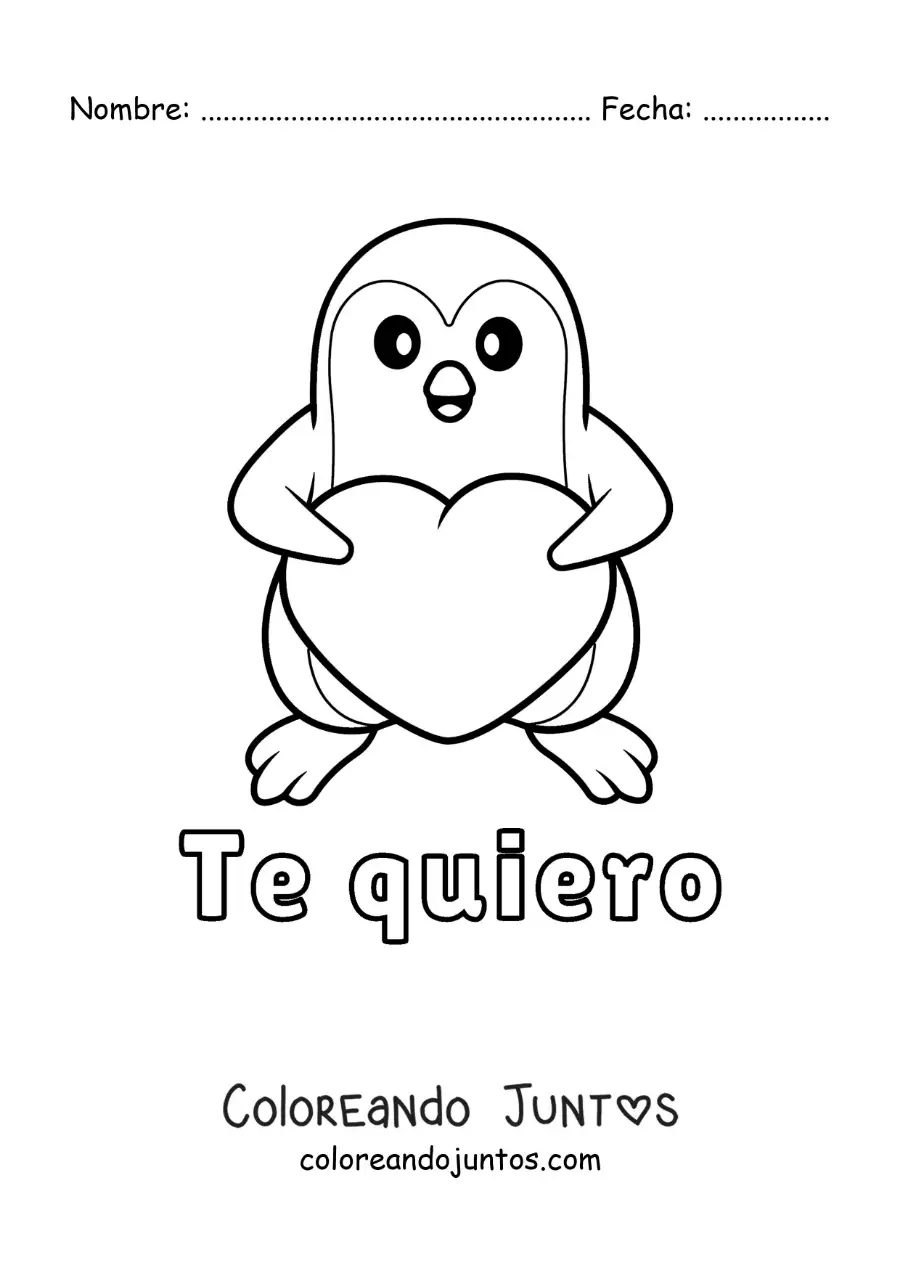 Imagen para colorear de pingüino con un corazón y la frase te quiero