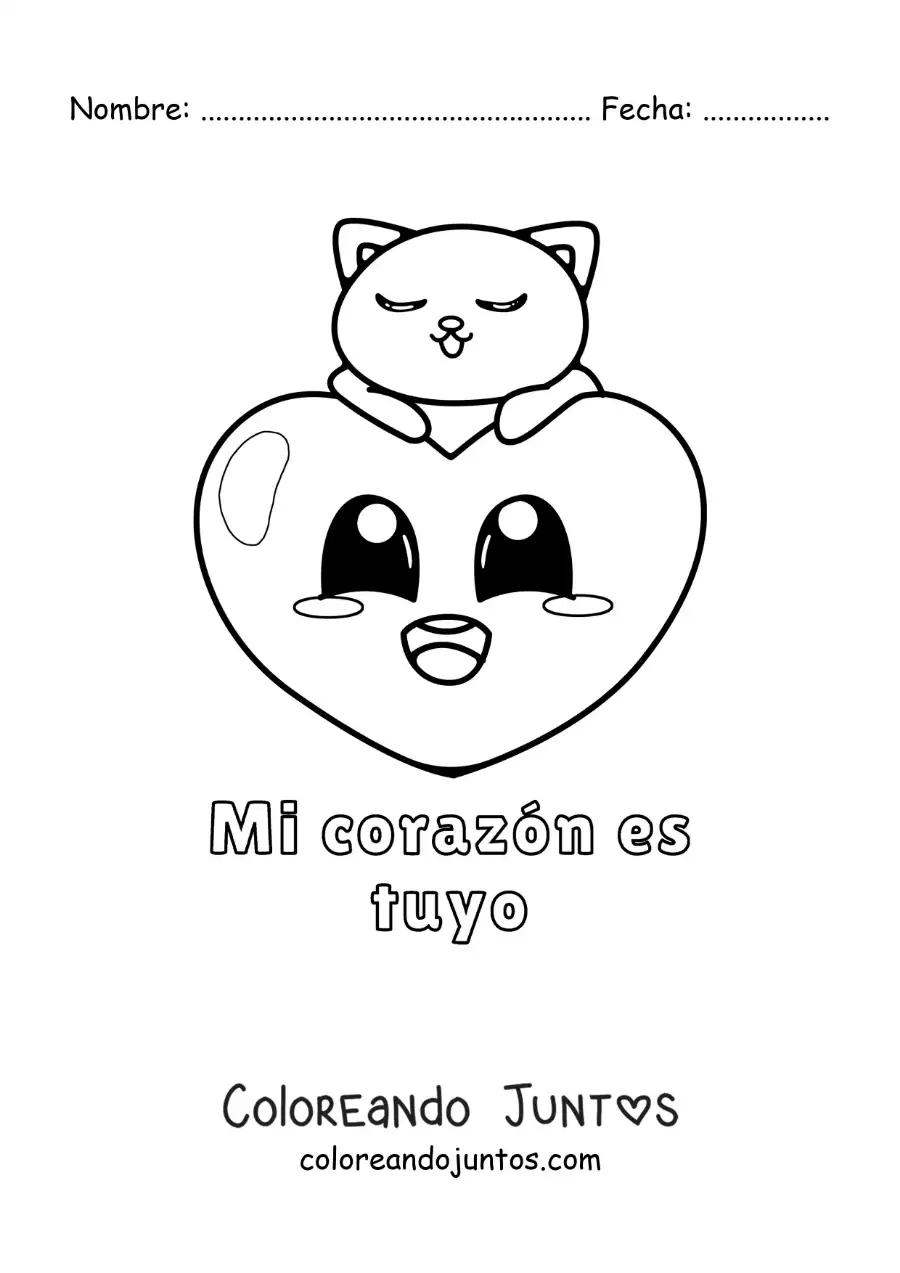 Imagen para colorear de gato con un corazón y la frase mi corazón es tuyo