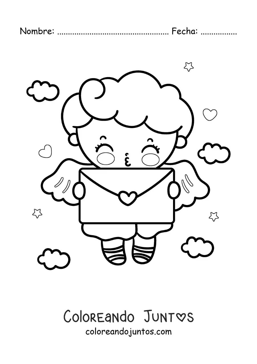 Imagen para colorear de ángel cupido animado con una carta de amor