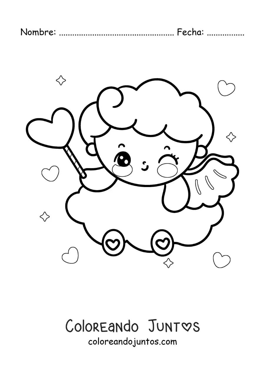 Imagen para colorear de ángel cupido animado con un corazón en una nube