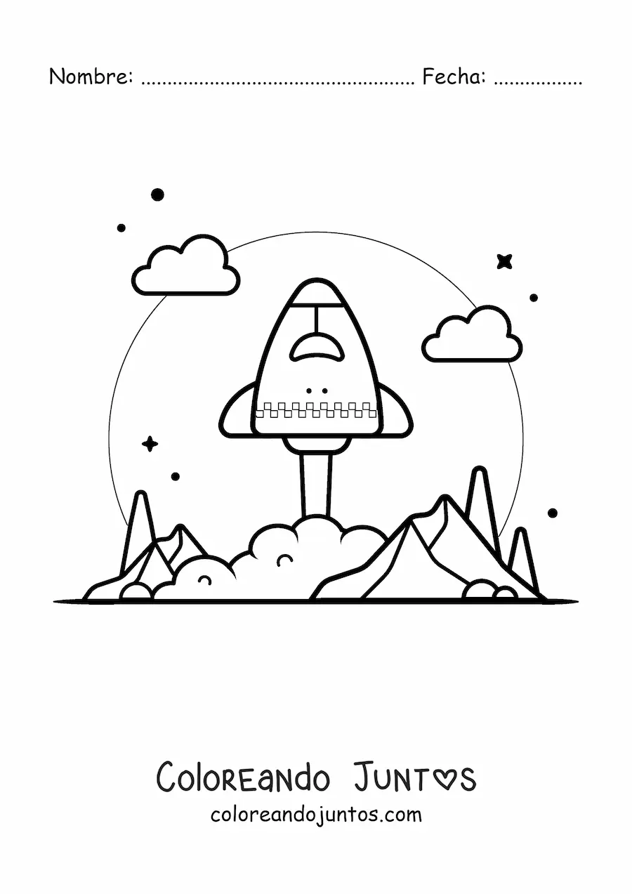 Imagen para colorear de un cohete despegando de la tierra