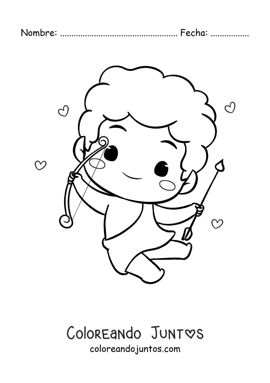 Imagen para colorear de tierno cupido bebé animado con un arco y una flecha