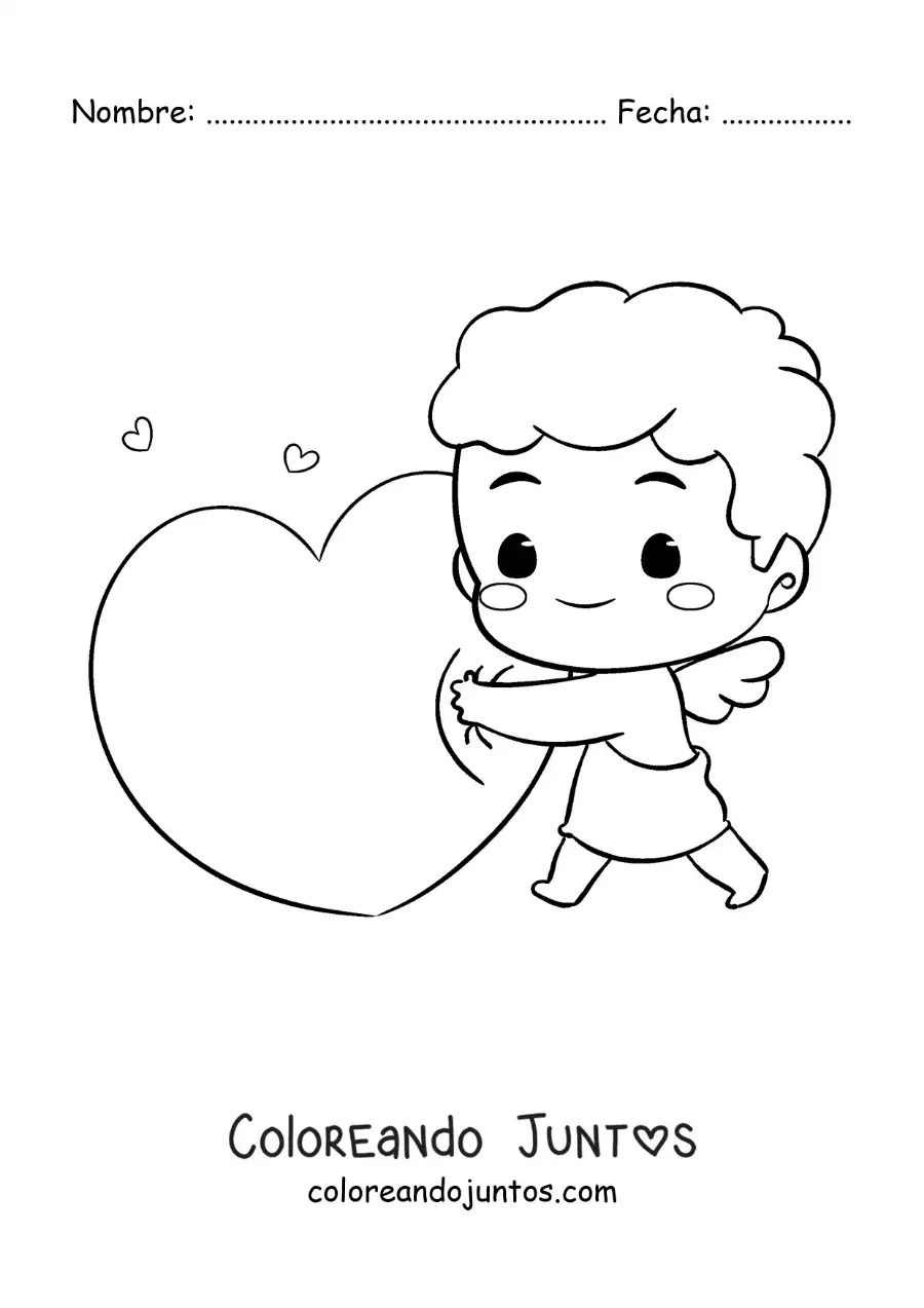 Imagen para colorear de lindo cupido bebé animado abrazando un corazón