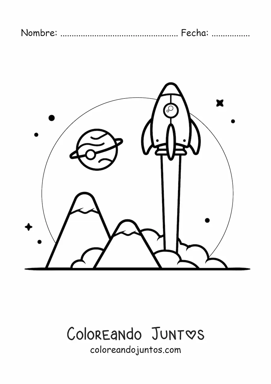 Imagen para colorear de un cohete despegando hacia el espacio