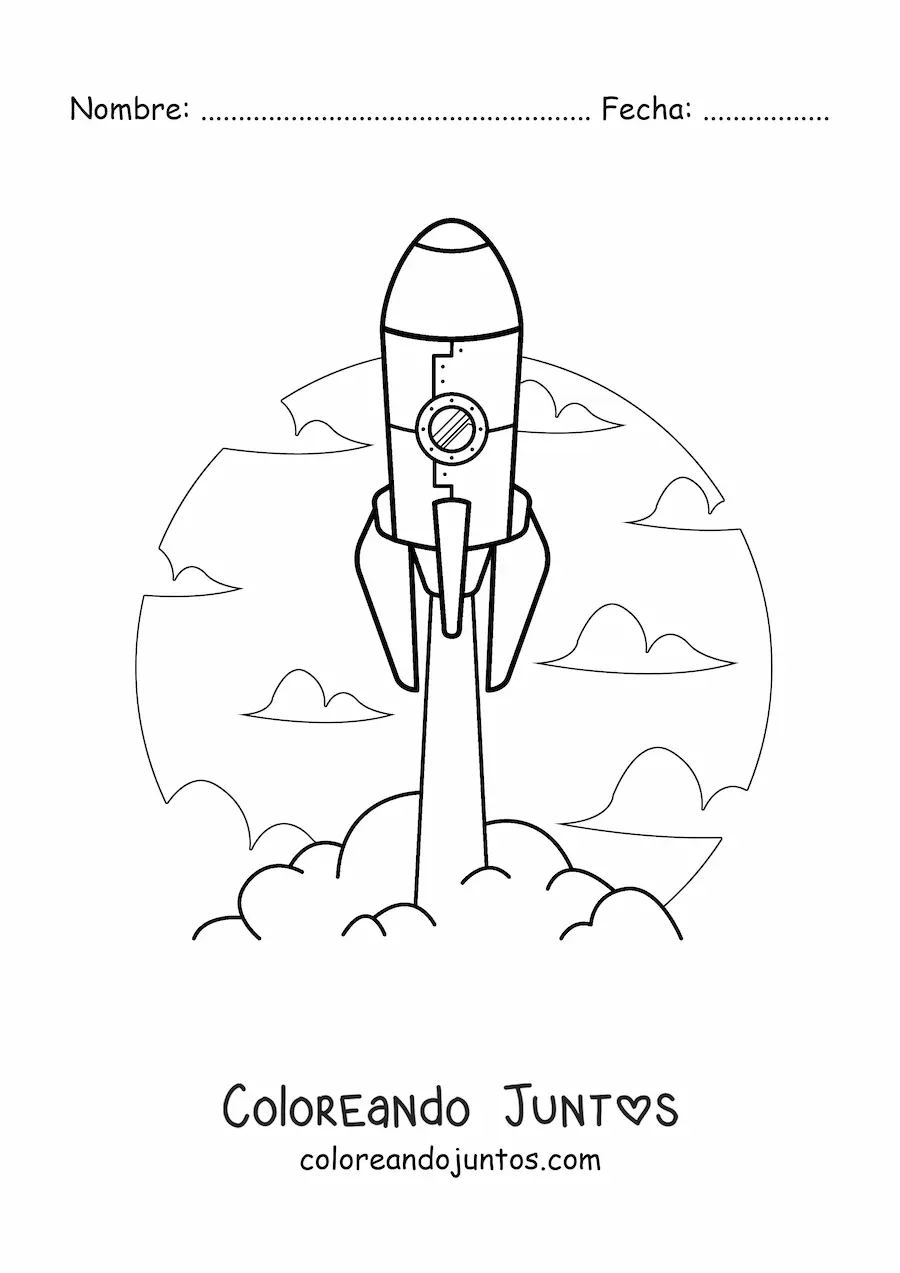 Imagen para colorear de un cohete despegando en el cielo