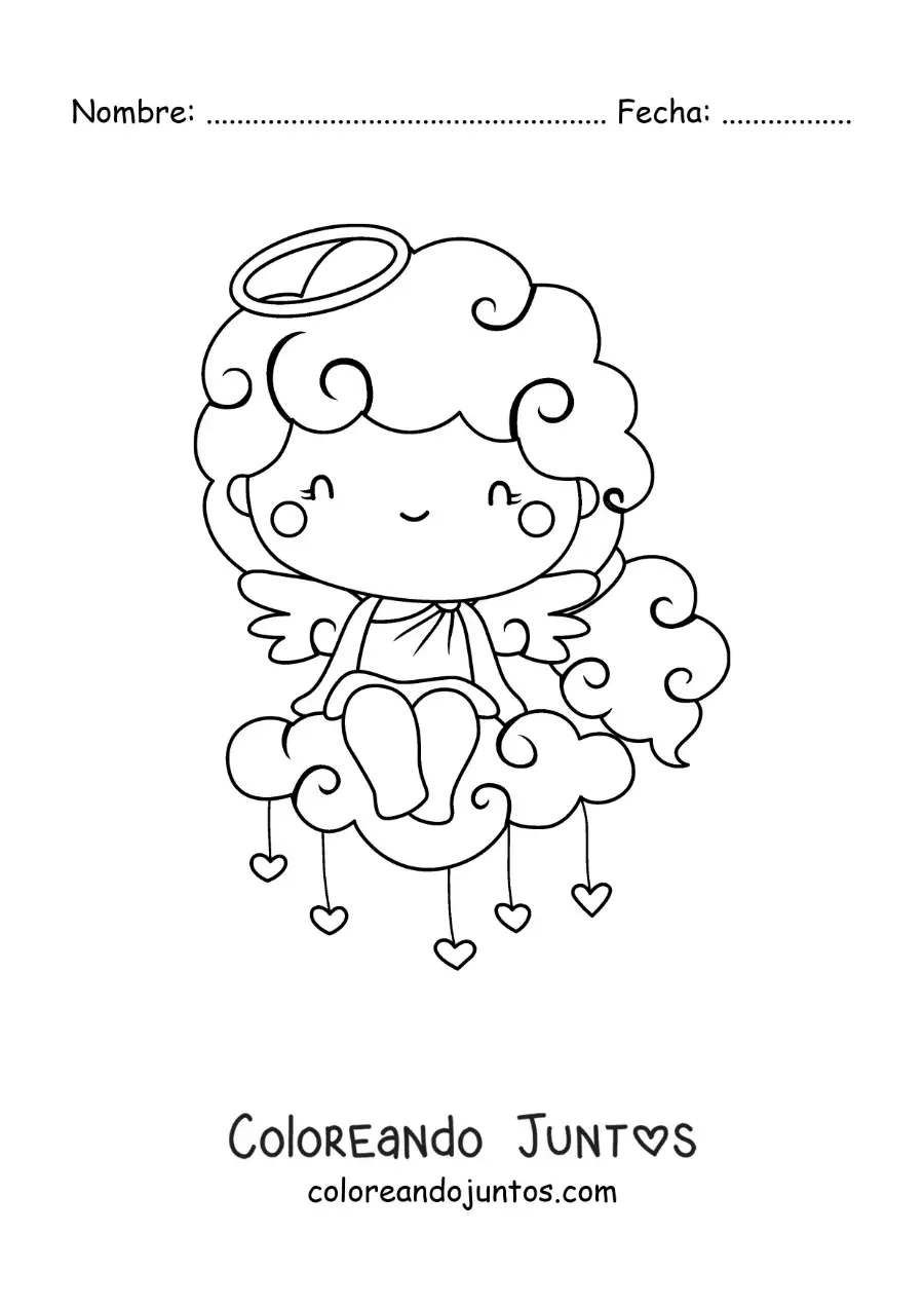 Imagen para colorear de ángel cupido en una nube con corazones