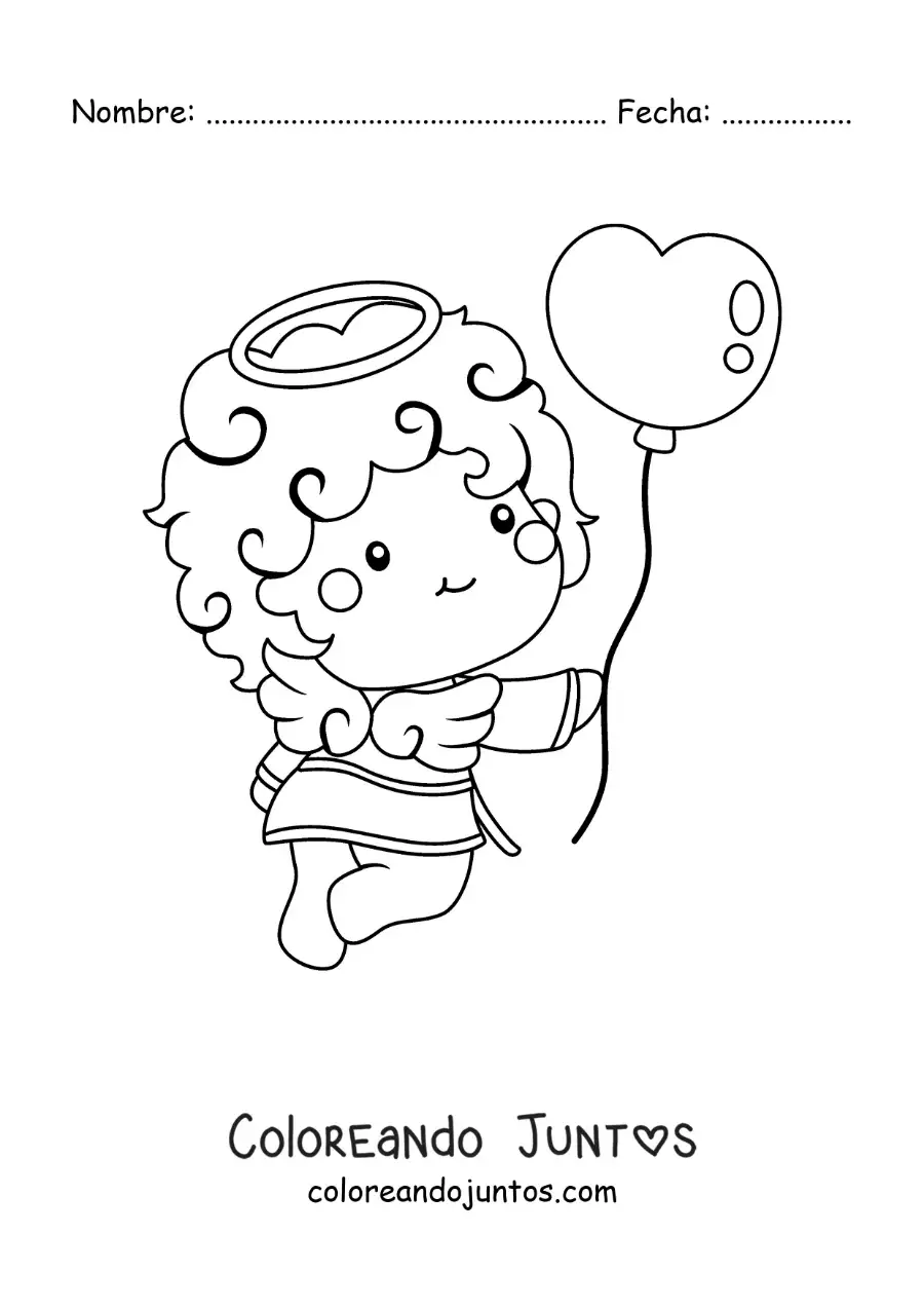 Imagen para colorear de hermoso ángel cupido animado con un globo de san valentín