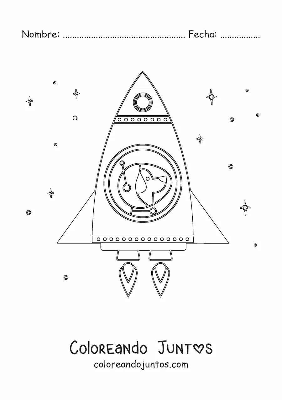 Imagen para colorear de un perro espacial animado en un cohete en el espacio