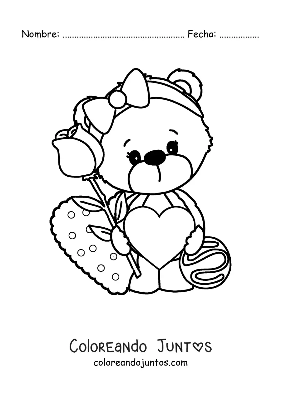 Imagen para colorear de osita de peluche con corazones y una rosa