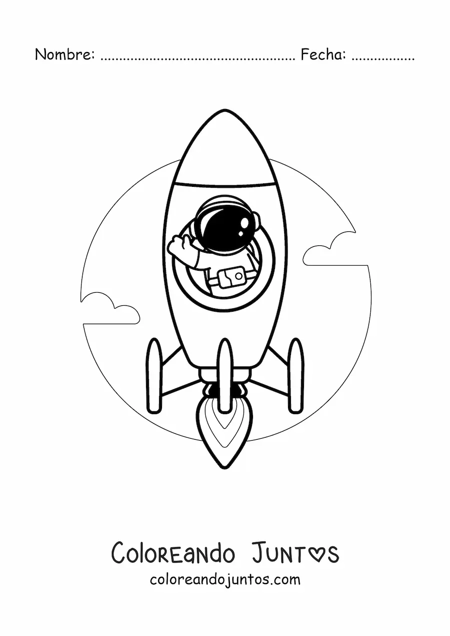 Imagen para colorear de un astronauta saludando desde un cohete espacial en vuelo