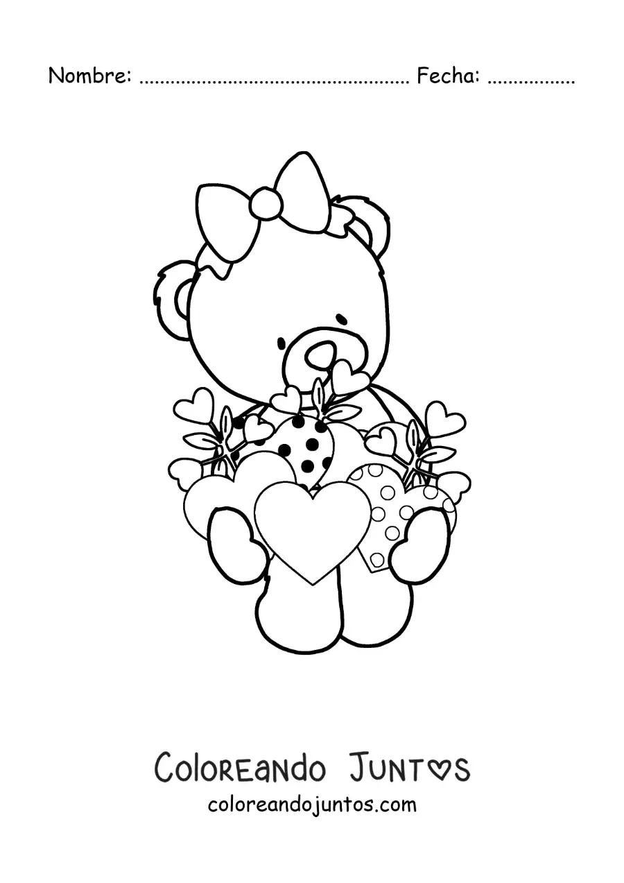 Imagen para colorear de osa de peluche animada con corazones de san valentín