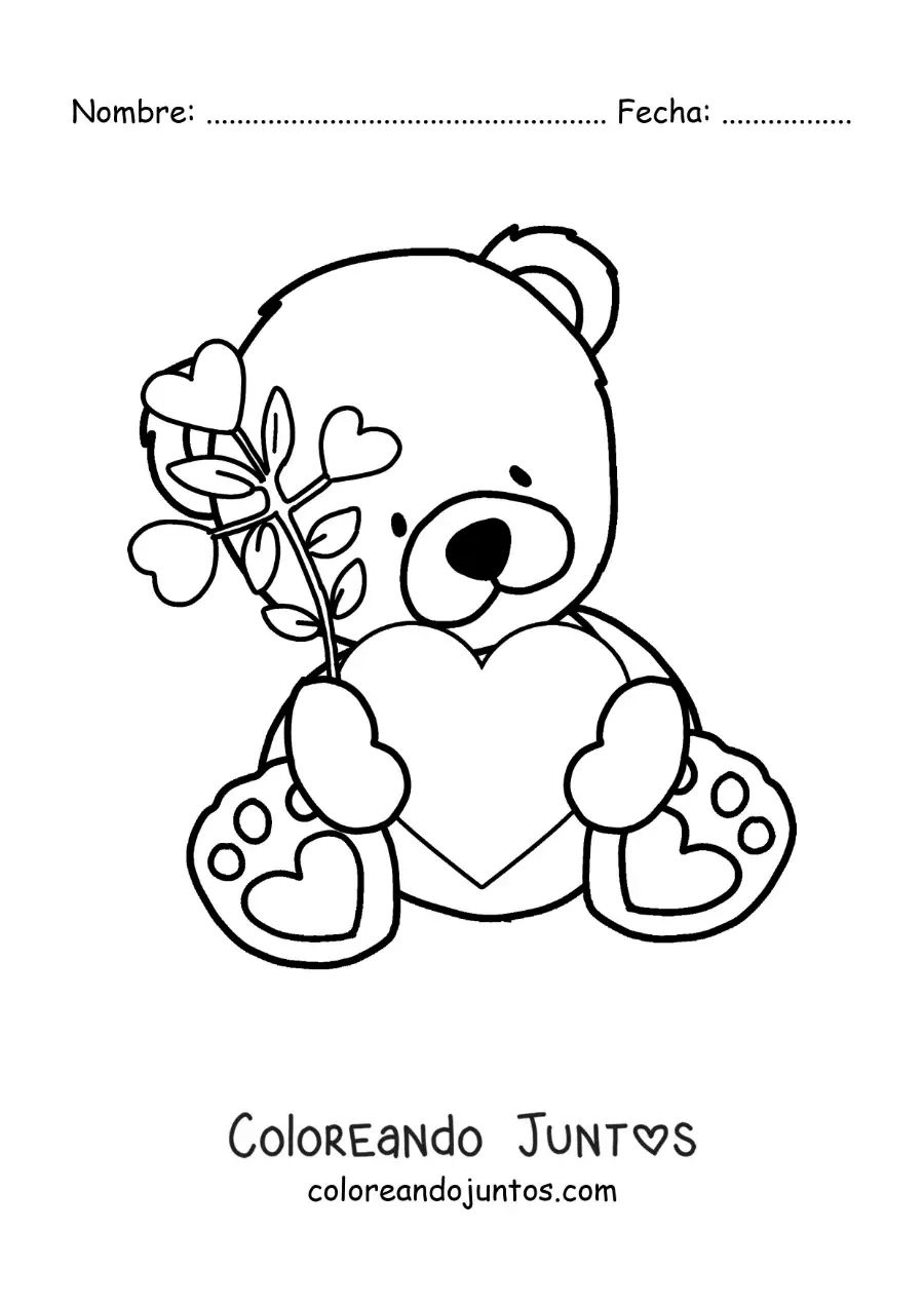 Imagen para colorear de osito de peluche sentado con flores y un corazón