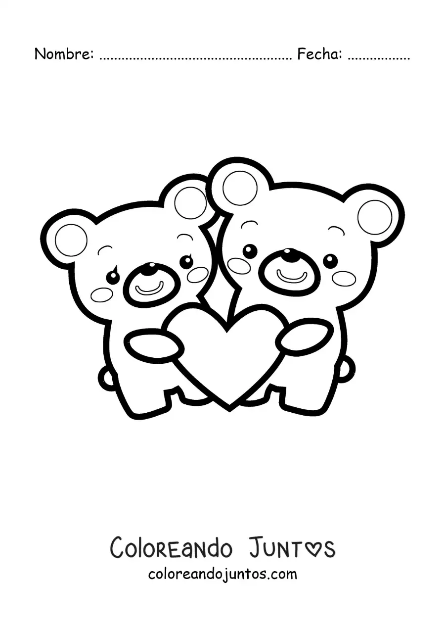 Imagen para colorear de pareja de osos animados con un corazón