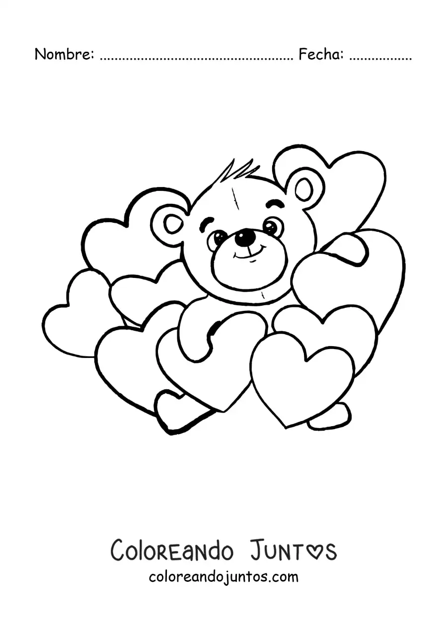 Imagen para colorear de osito rodeado de corazones