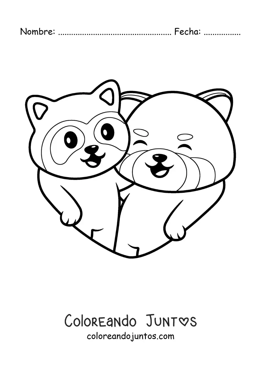 Imagen para colorear de pareja de pandas rojos animados enamorados