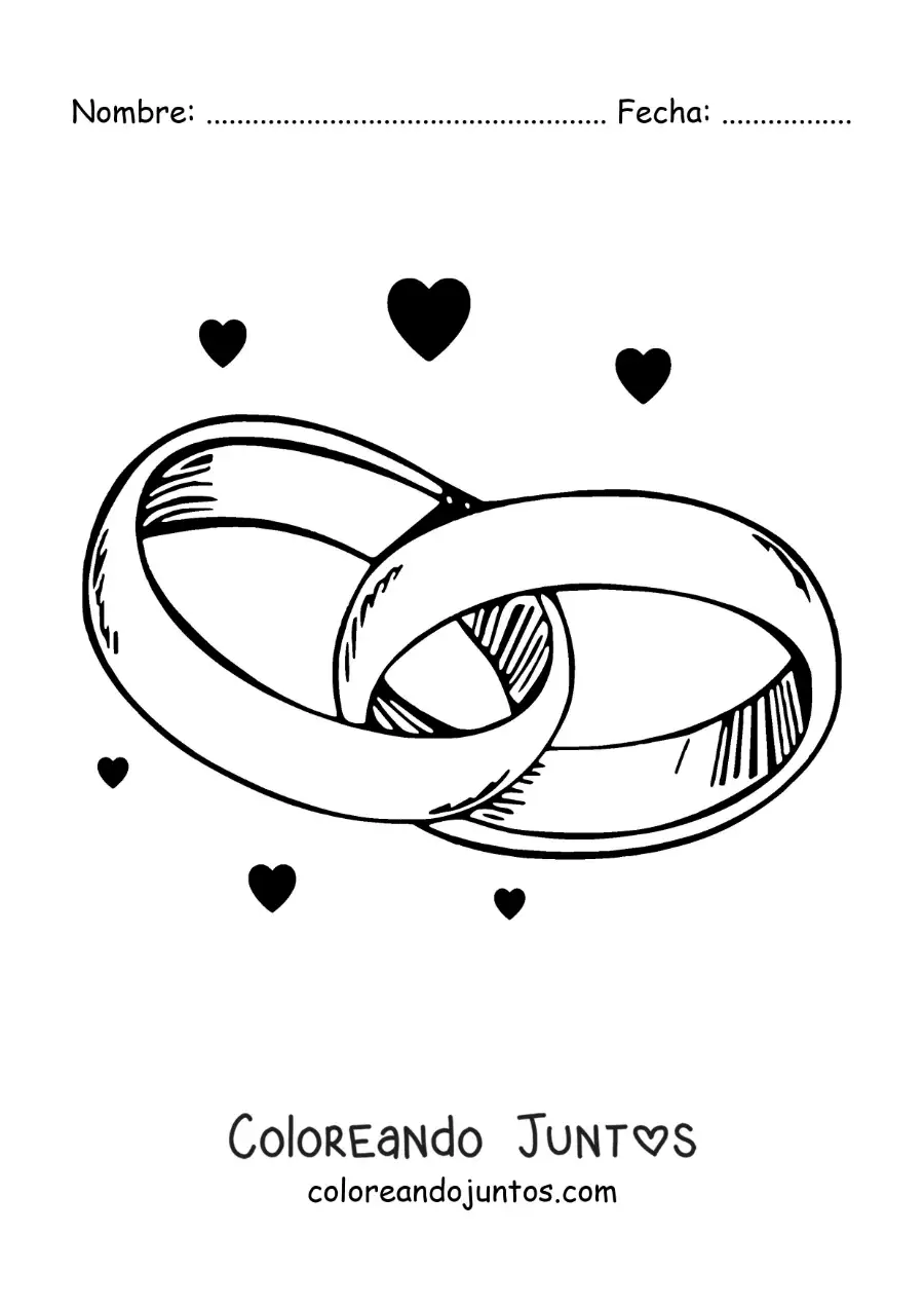 Imagen para colorear de anillos de compromiso entrelazados con corazones