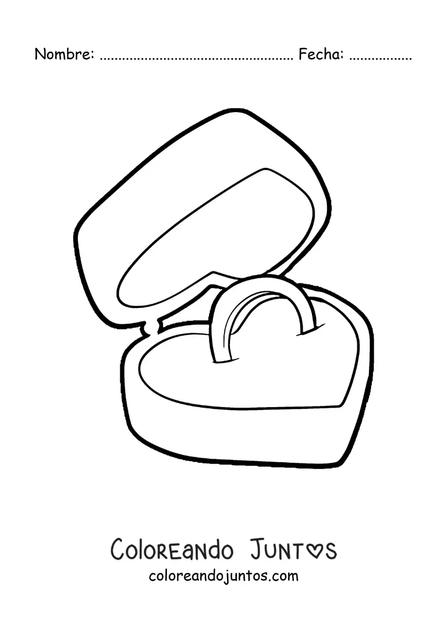 Imagen para colorear de anillo de compromiso en una caja con forma de corazón