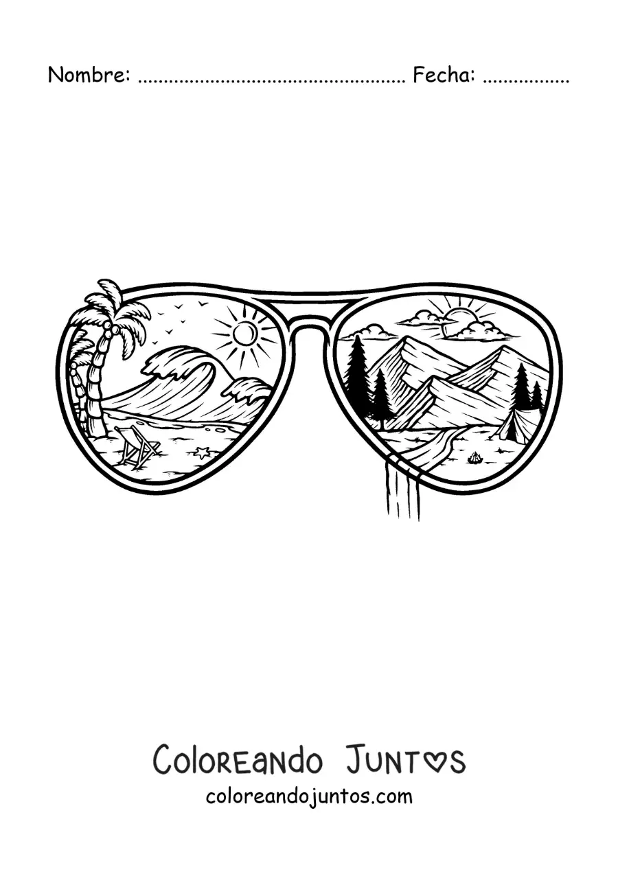 Imagen para colorear de lentes de sol con un paisaje