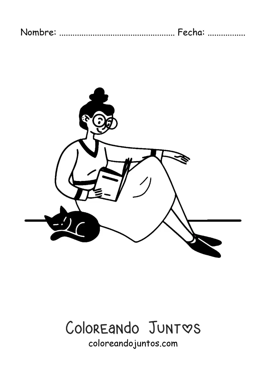 Imagen para colorear de chica con lentes sentada leyendo junto a su gato