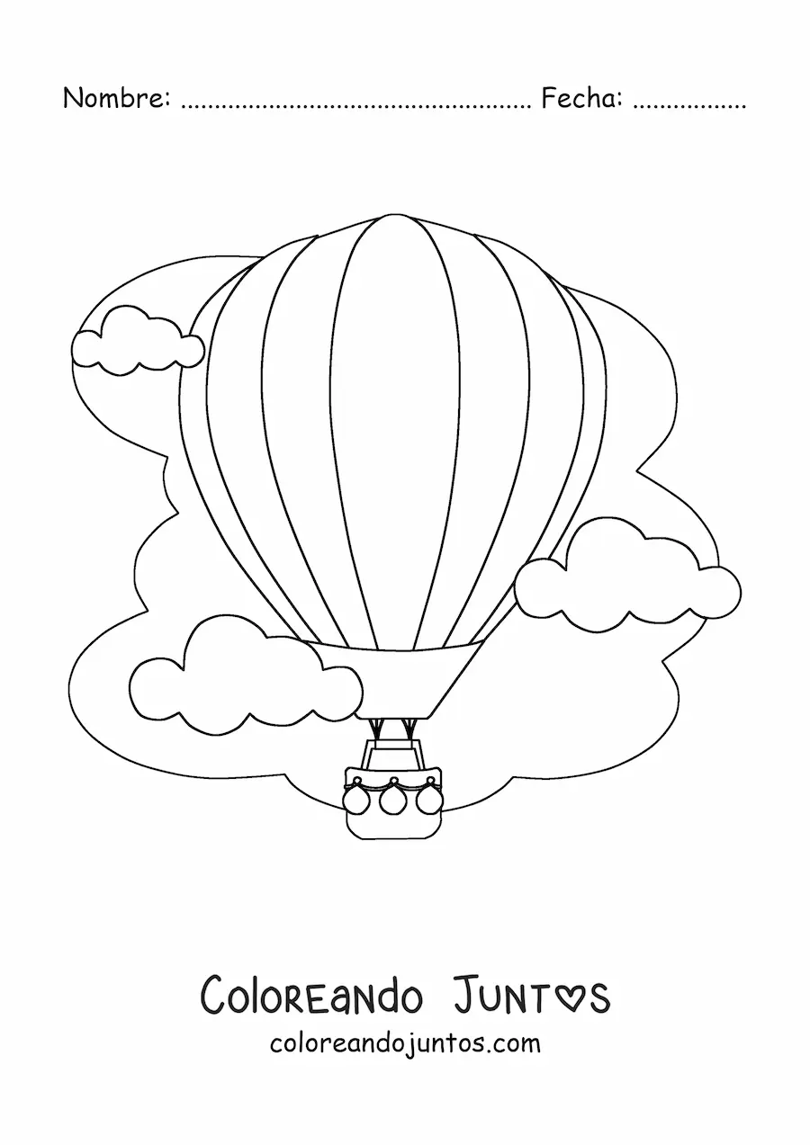 Imagen para colorear de un globo aerostático entre nubes en el cielo