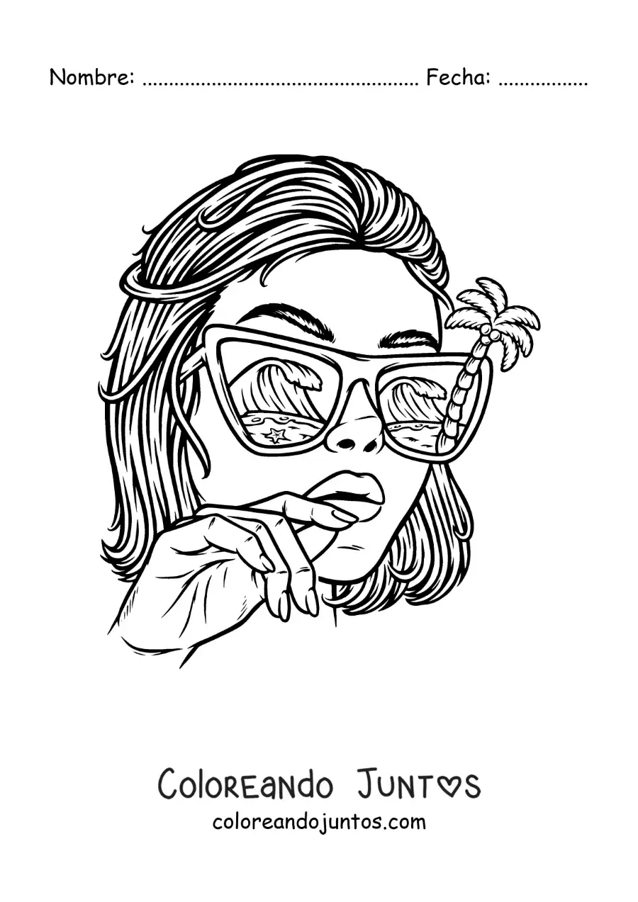 Imagen para colorear de hermosa chica con lentes de sol con un paisaje de playa